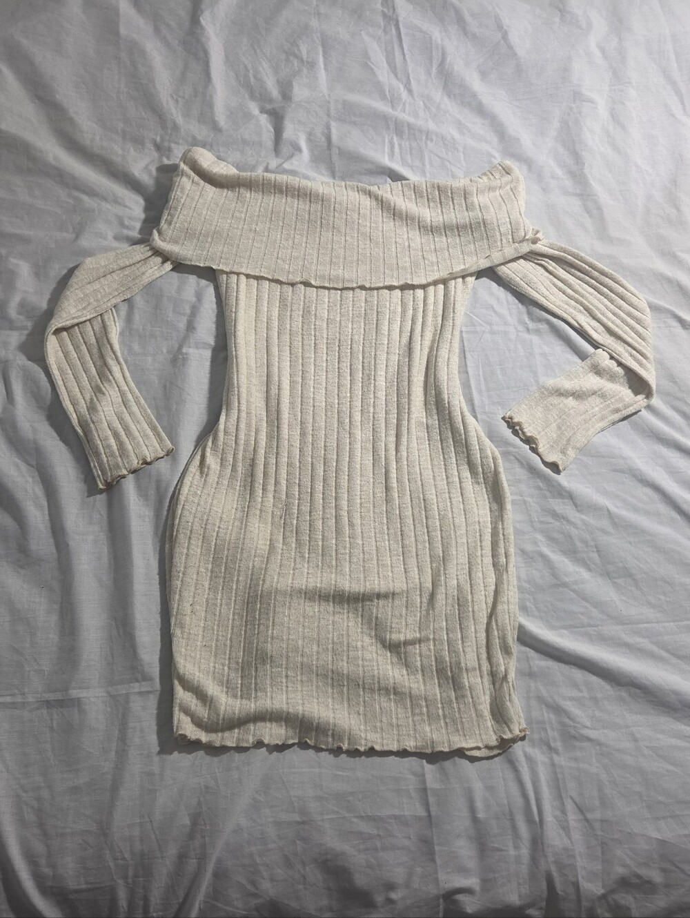 Cream Long Sleeve Windsor "Wrapped in Charm" Knit Off-The-Shoulder Mini Dress